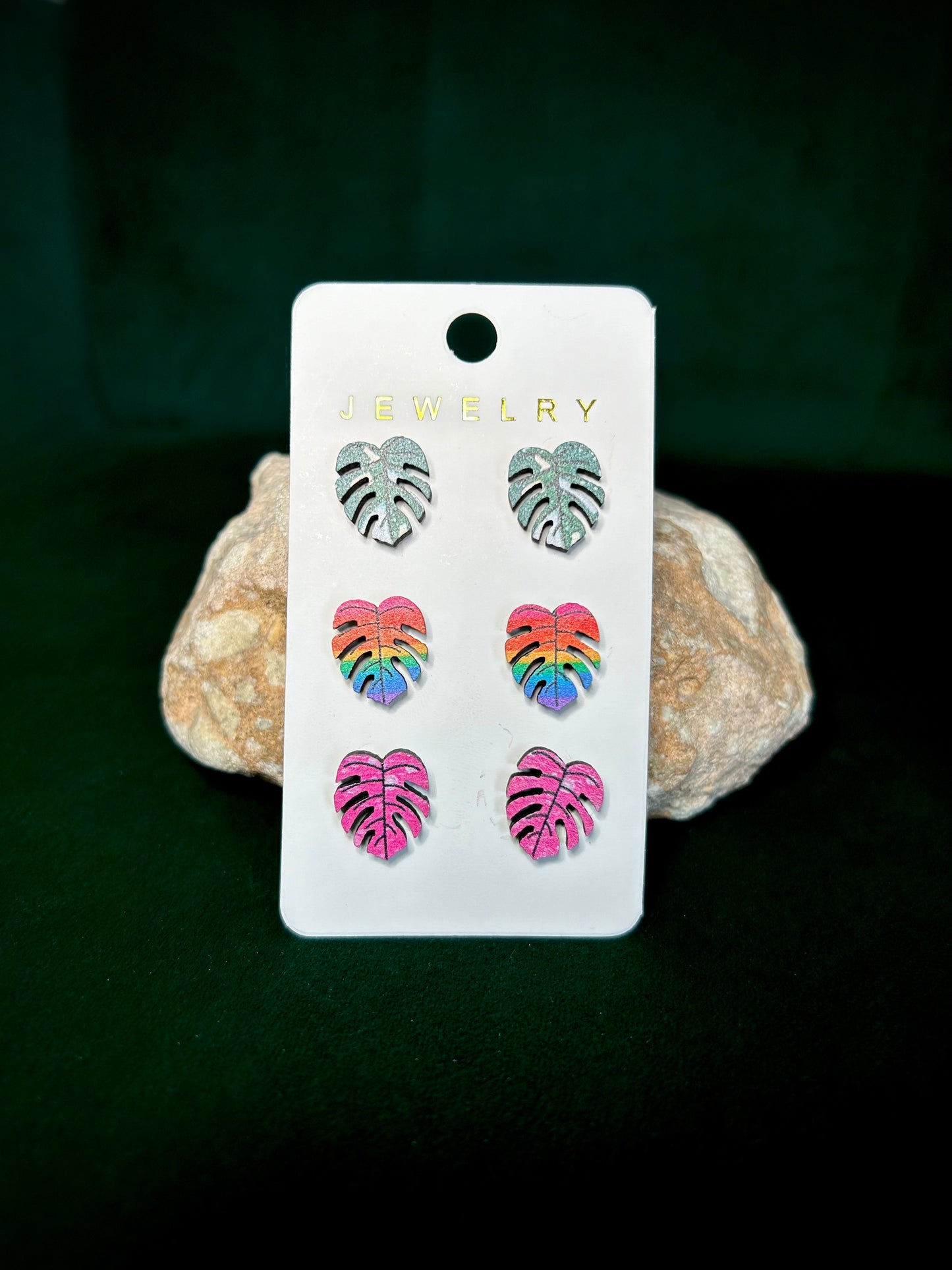 Wooden 3-Pack Monstera Earrings