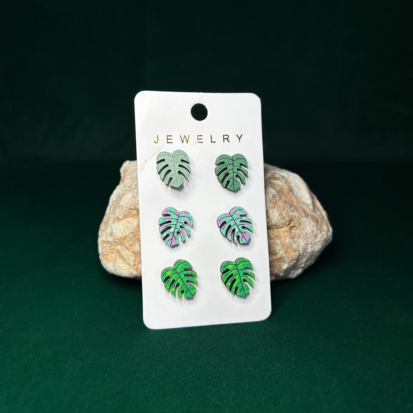 Wooden 3-Pack Monstera Earrings